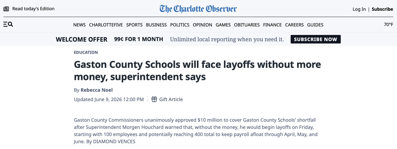 Titular del Charlotte Observer: las escuelas del condado de Gaston enfrentarán despidos sin más dinero, dice el superintendente