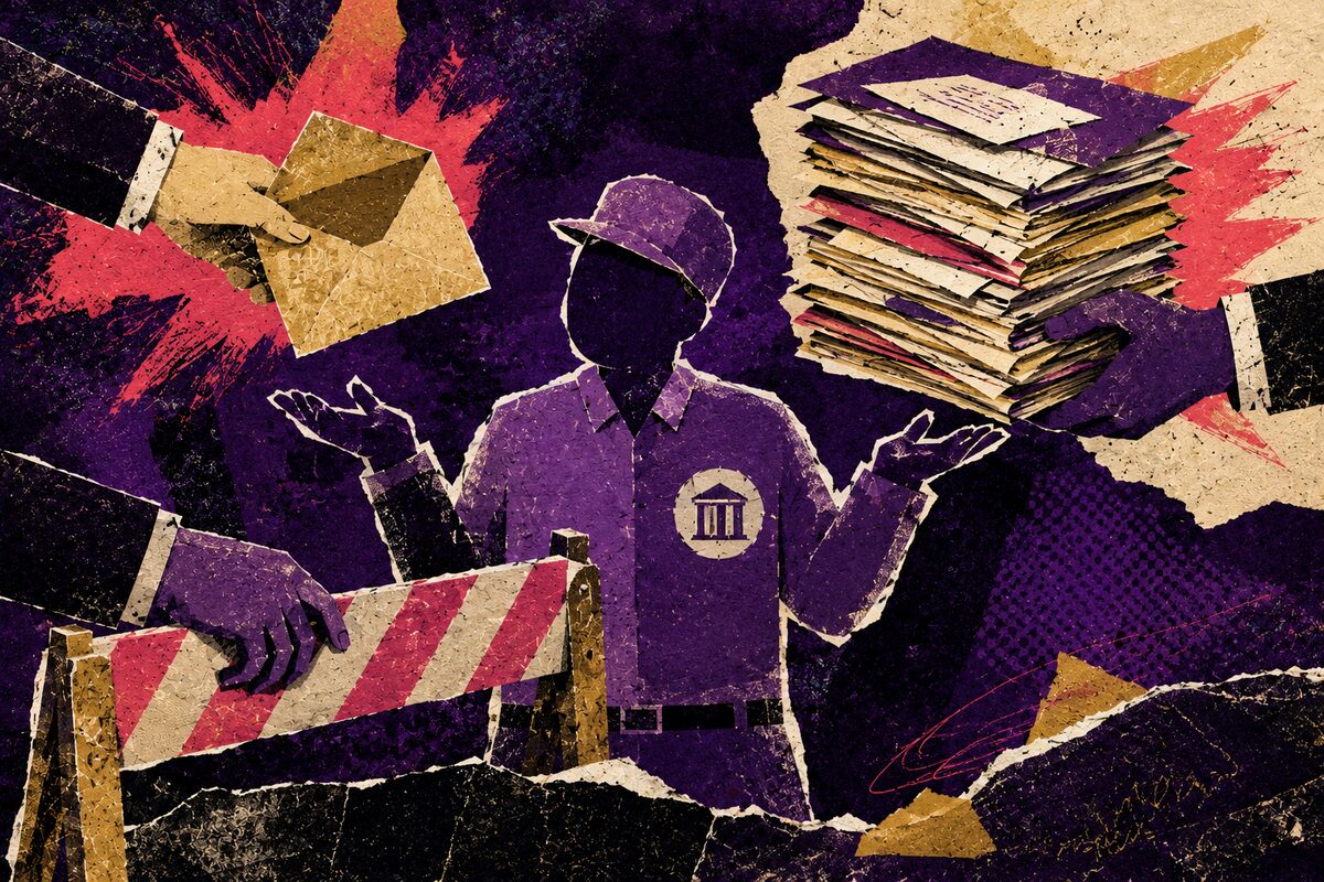 Ilustración: a un trabajador le entregan un sobre de pago vacío, una pila de papeles y una barrera, desde tres direcciones a la vez