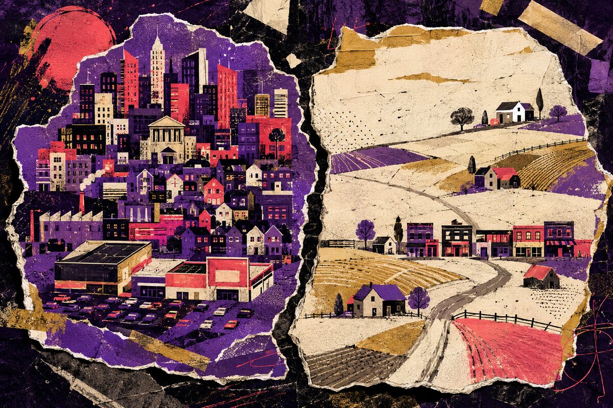 Ilustración: un condado denso lleno de edificios, un horizonte urbano y grandes tiendas, junto a un condado rural disperso de granjas, campos y una pequeña calle principal
