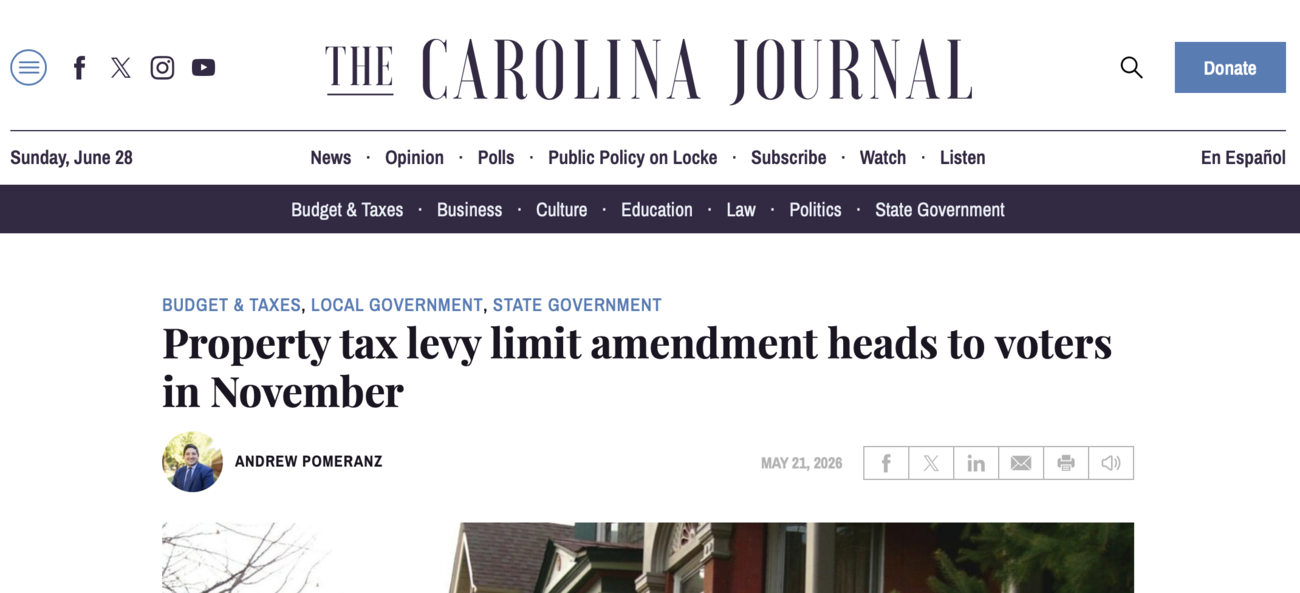 Titular del Carolina Journal: la enmienda de límite al impuesto predial va a los votantes en noviembre