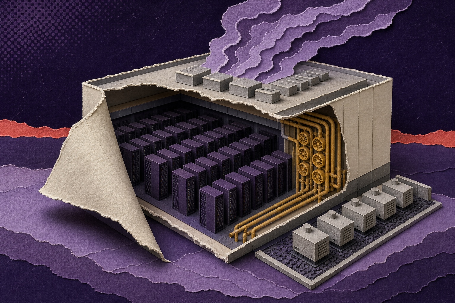 Collage illustration of a data center cutaway with server racks, cooling pipes, and backup generators.