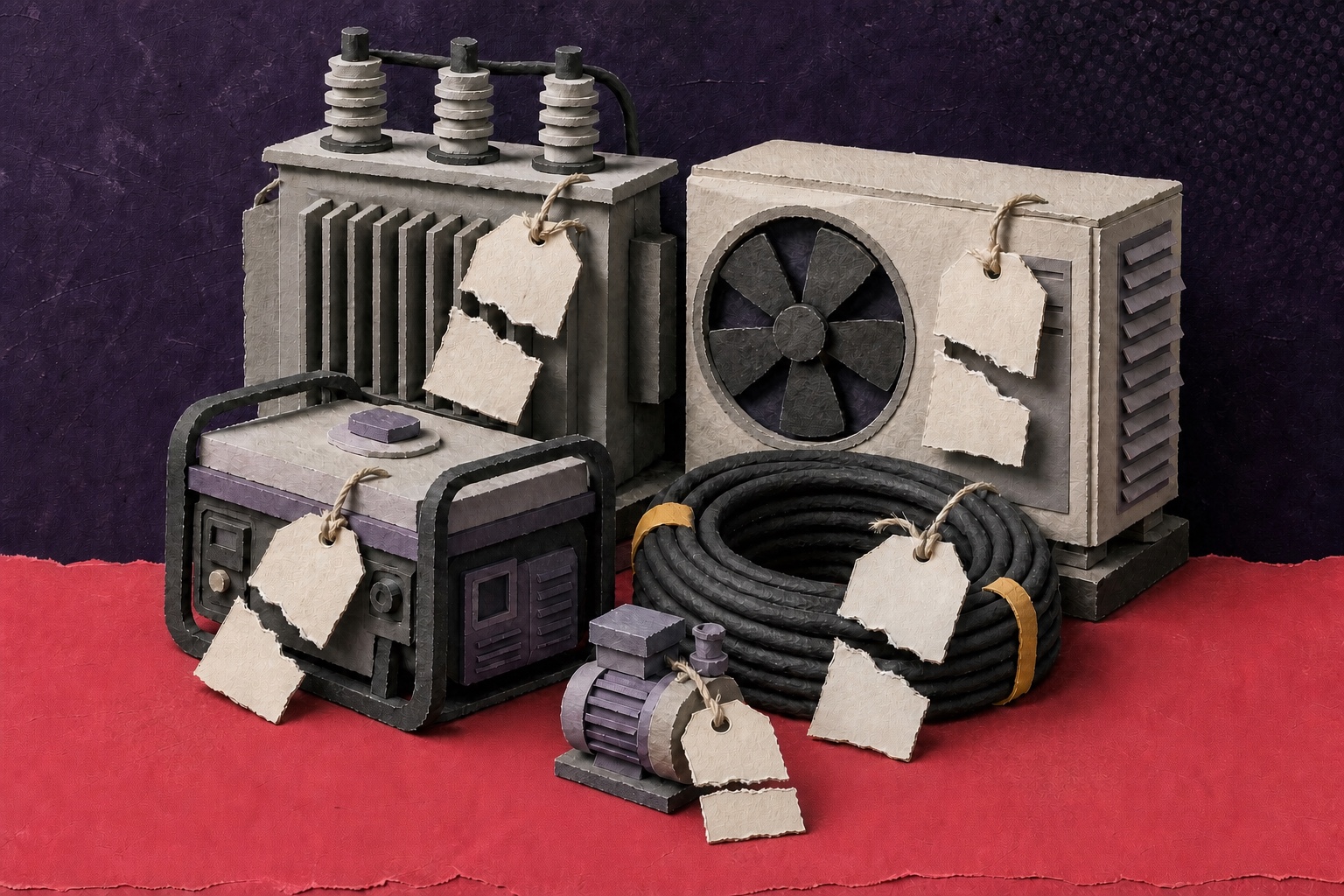 Collage illustration of industrial equipment with torn-in-half price tags.