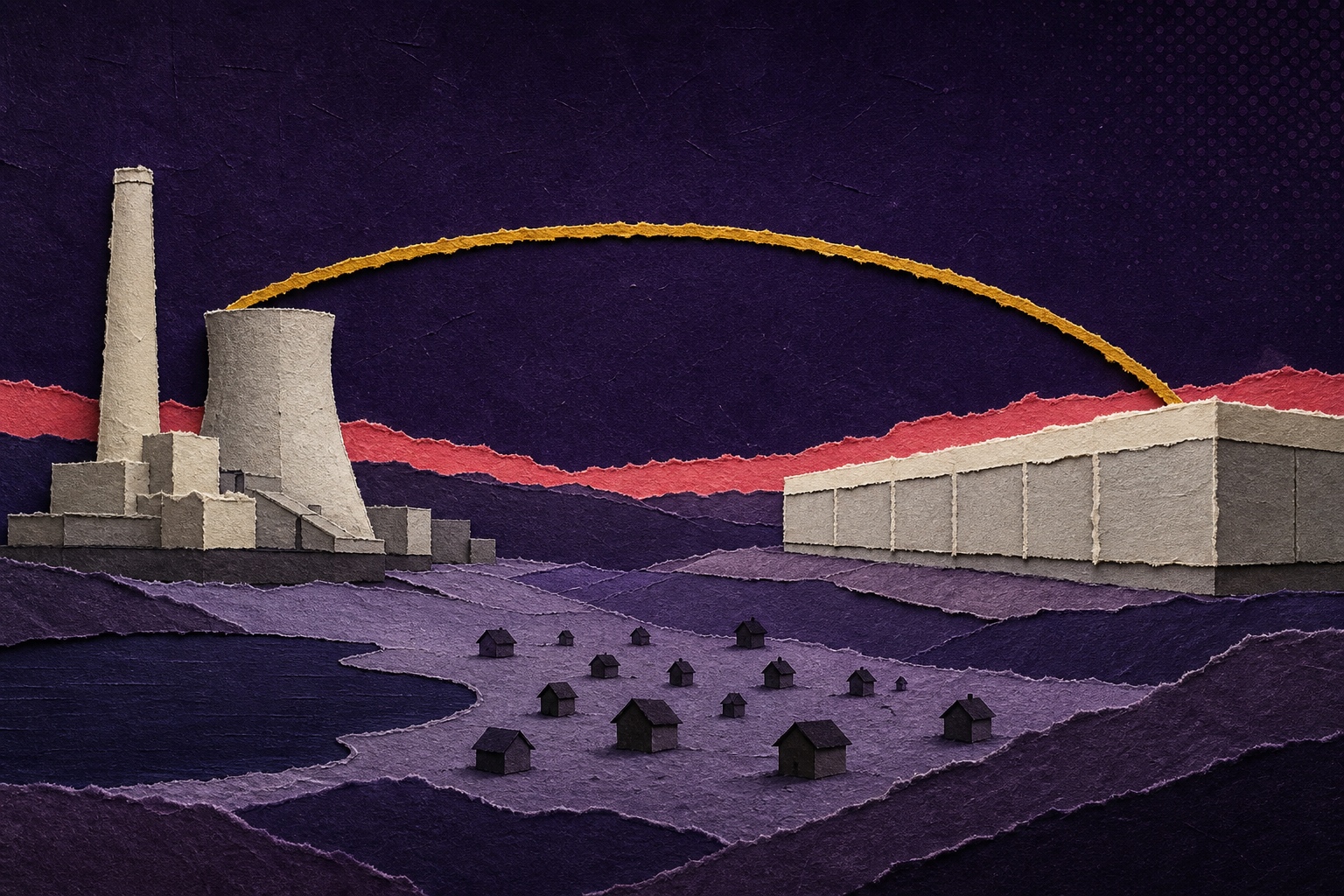 Collage illustration of a coal plant on one side and a data center of nearly equal size on the other, joined by a single power line that passes over a valley of small houses.