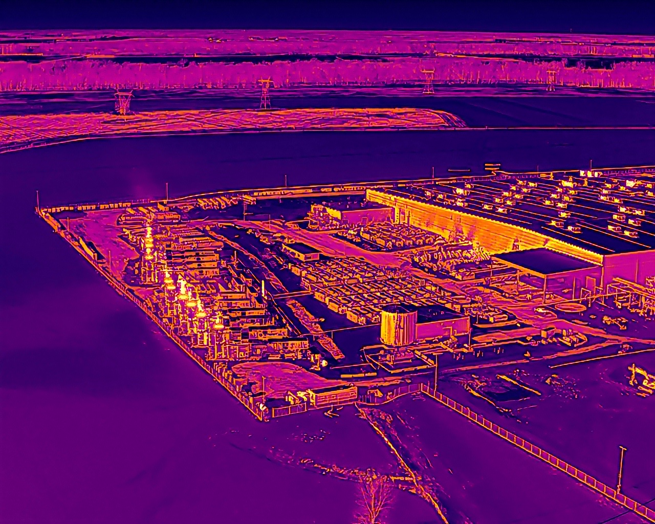 Thermal drone image of xAI's Colossus 1 site: turbines glow bright orange against the cooler purple of the surrounding buildings.