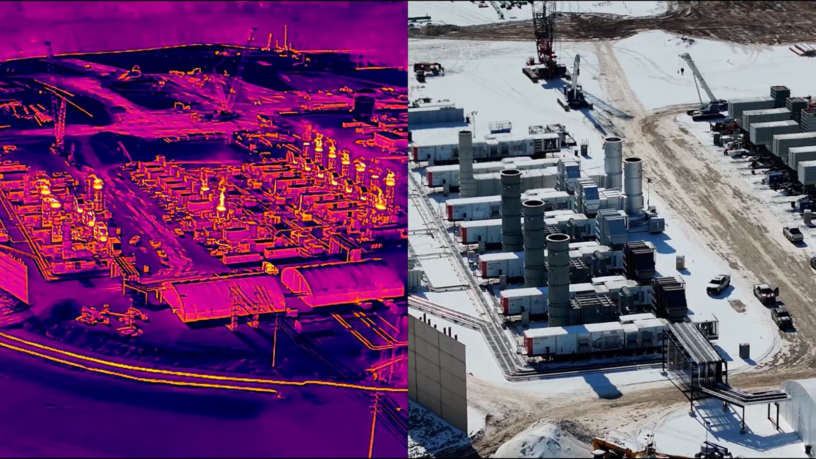 Split image: on the left, thermal drone imagery showing more than a dozen turbines glowing hot at xAI's Southaven gas plant; on the right, a standard aerial photo of the same rows of turbines and exhaust stacks.
