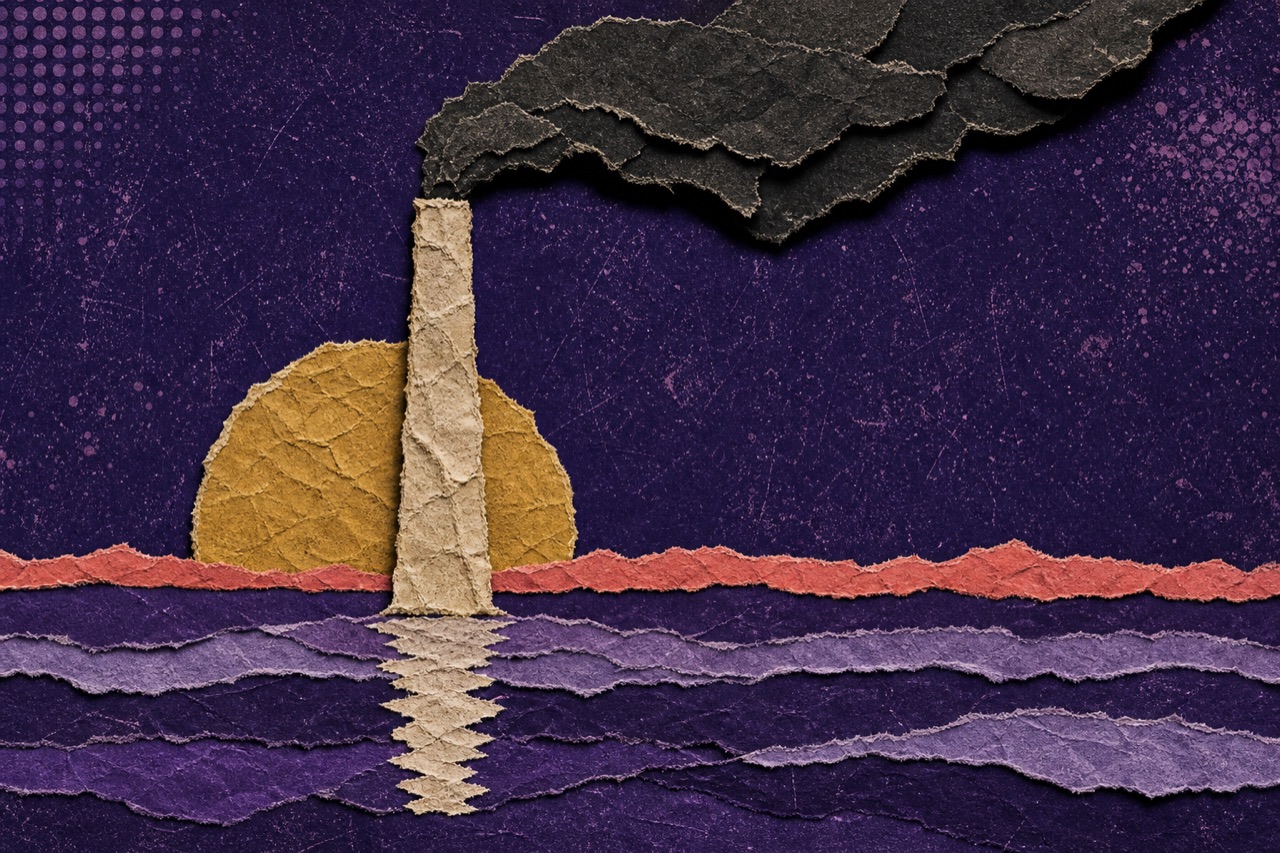 Collage illustration of a coal plant smokestack beside a lake at dusk.