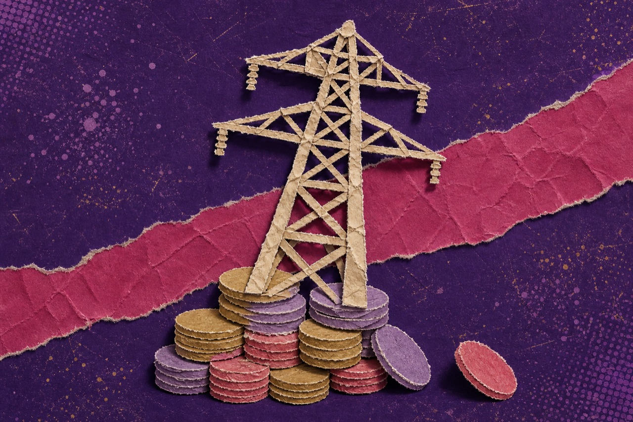 Collage illustration of a transmission tower standing on stacks of coins.