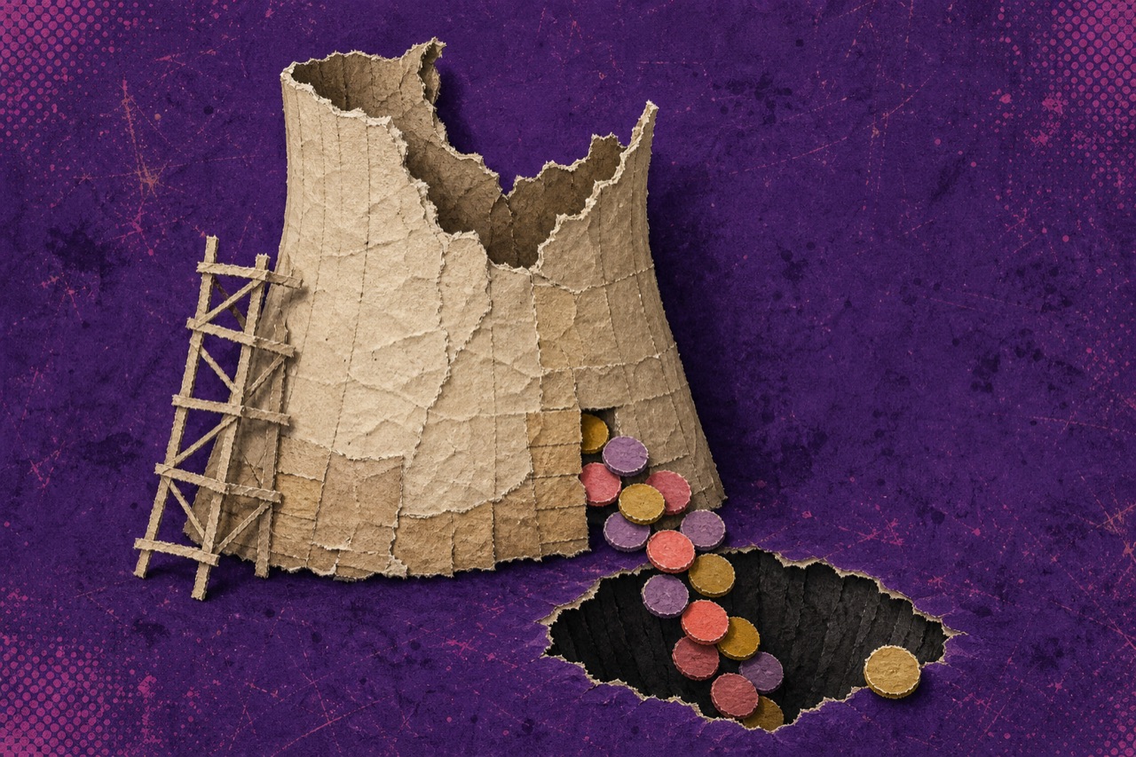 Collage illustration of a half-built cooling tower with coins falling into a hole at its base.