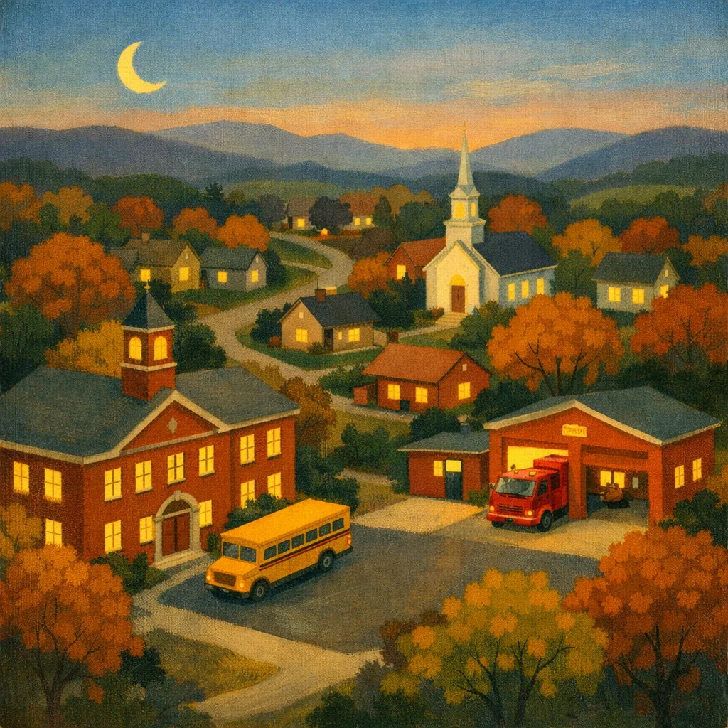 A small North Carolina town at dusk: a brick school, yellow school bus, red fire truck in the station, a white church steeple, autumn trees, and mountains under a crescent moon.