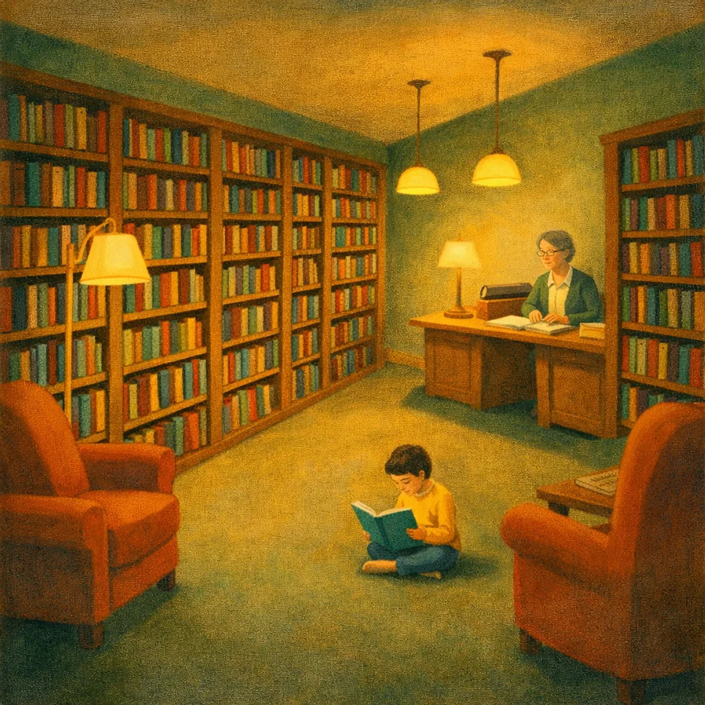 A warm library with floor-to-ceiling bookshelves, a librarian at a desk, and a child sitting cross-legged on the floor reading a book under glowing pendant lamps.