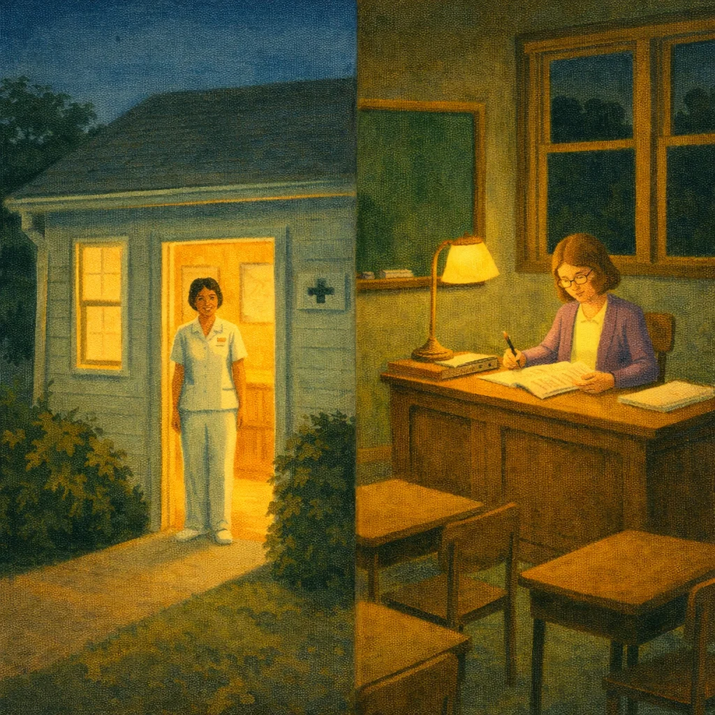 A split scene: on the left, a nurse standing in the warm doorway of a small rural clinic at dusk; on the right, a teacher grading papers at her desk by lamplight, empty desks around her.