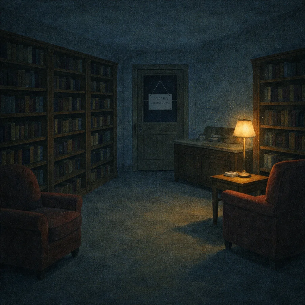 A dimming library room with half-empty shelves, a closed sign on the door, two worn armchairs, and a single lamp still lit.
