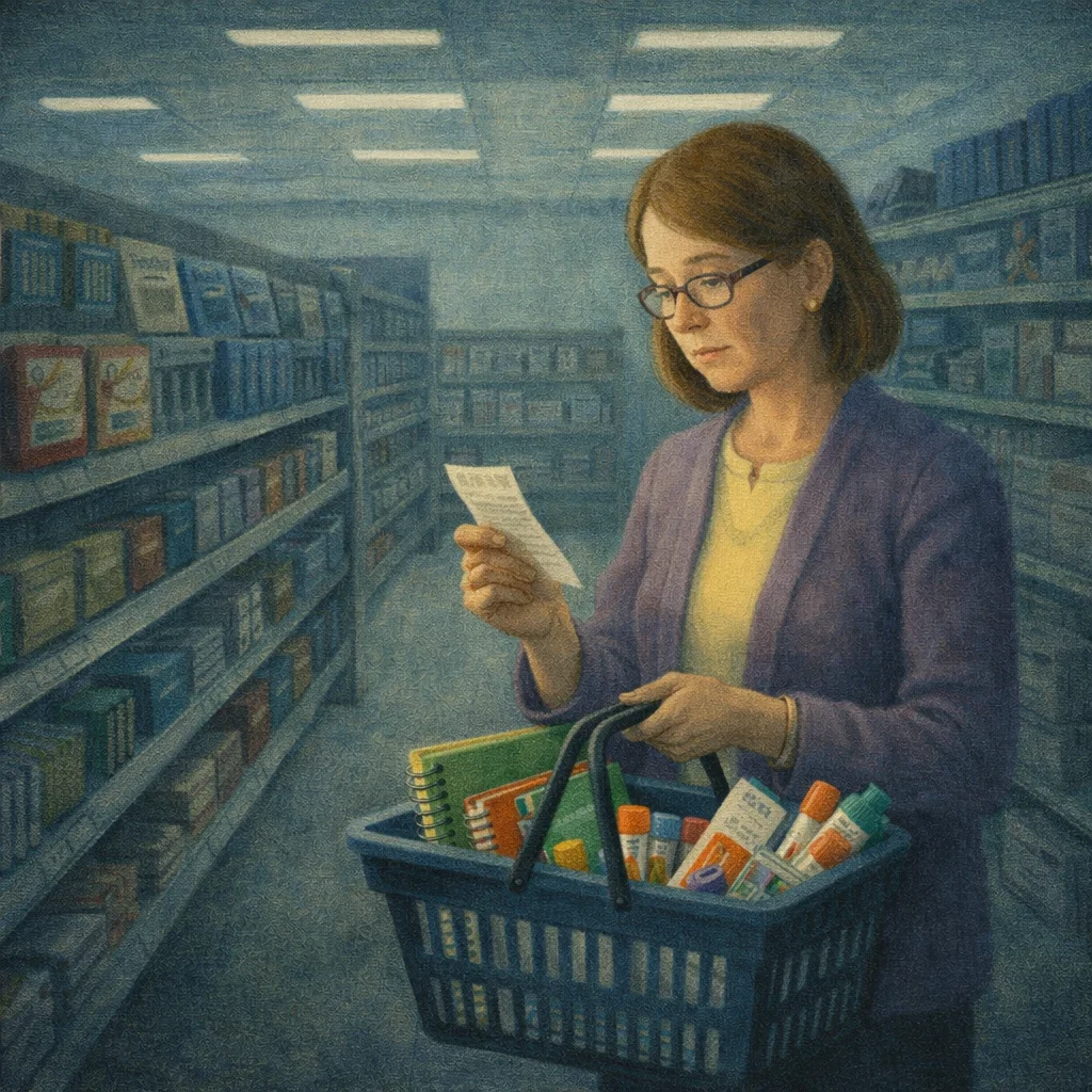 A teacher in a store aisle, checking a receipt while holding a basket full of school supplies she bought with her own money. Cool blue fluorescent lighting.