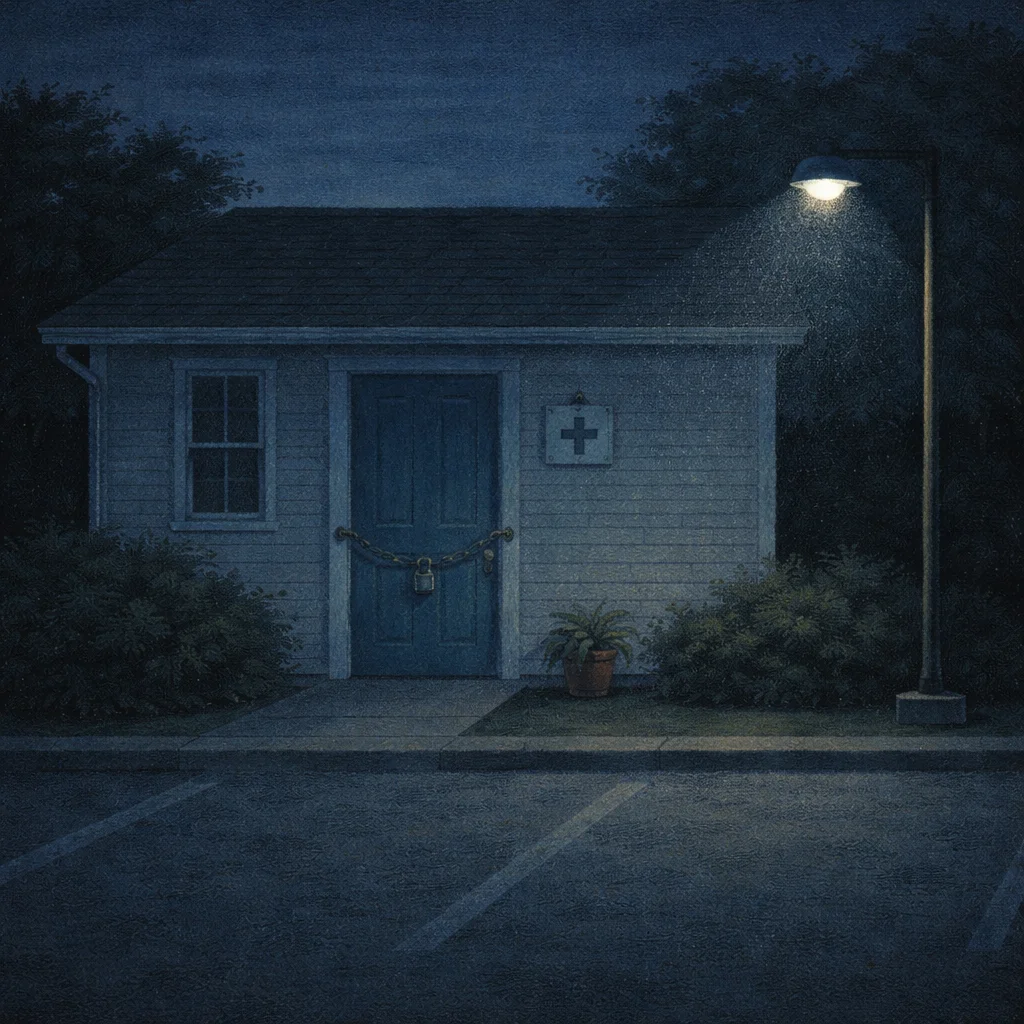 A small rural clinic at night, its blue door chained shut with a padlock, a medical cross sign above, a single streetlight, and an empty parking lot.