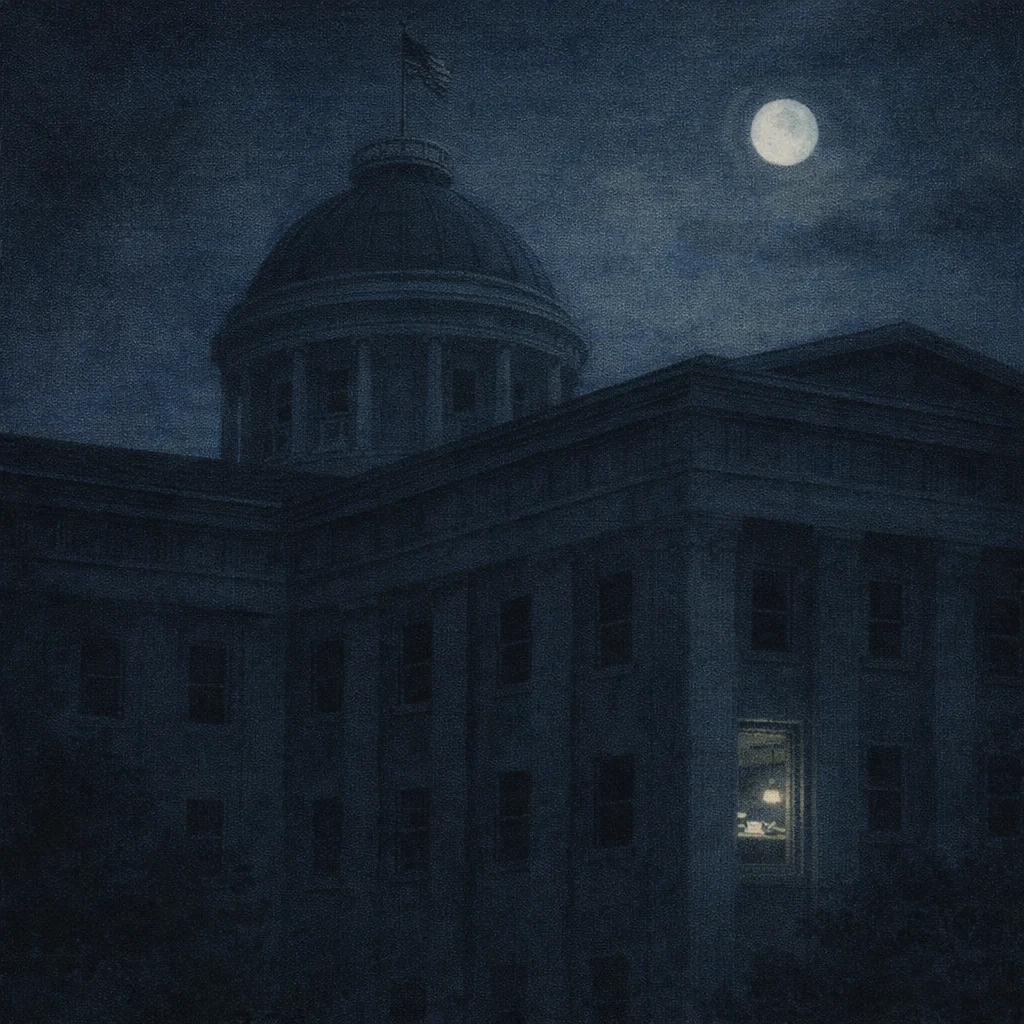 The state capitol building at night under a full moon, every window dark except one with a faint glow.