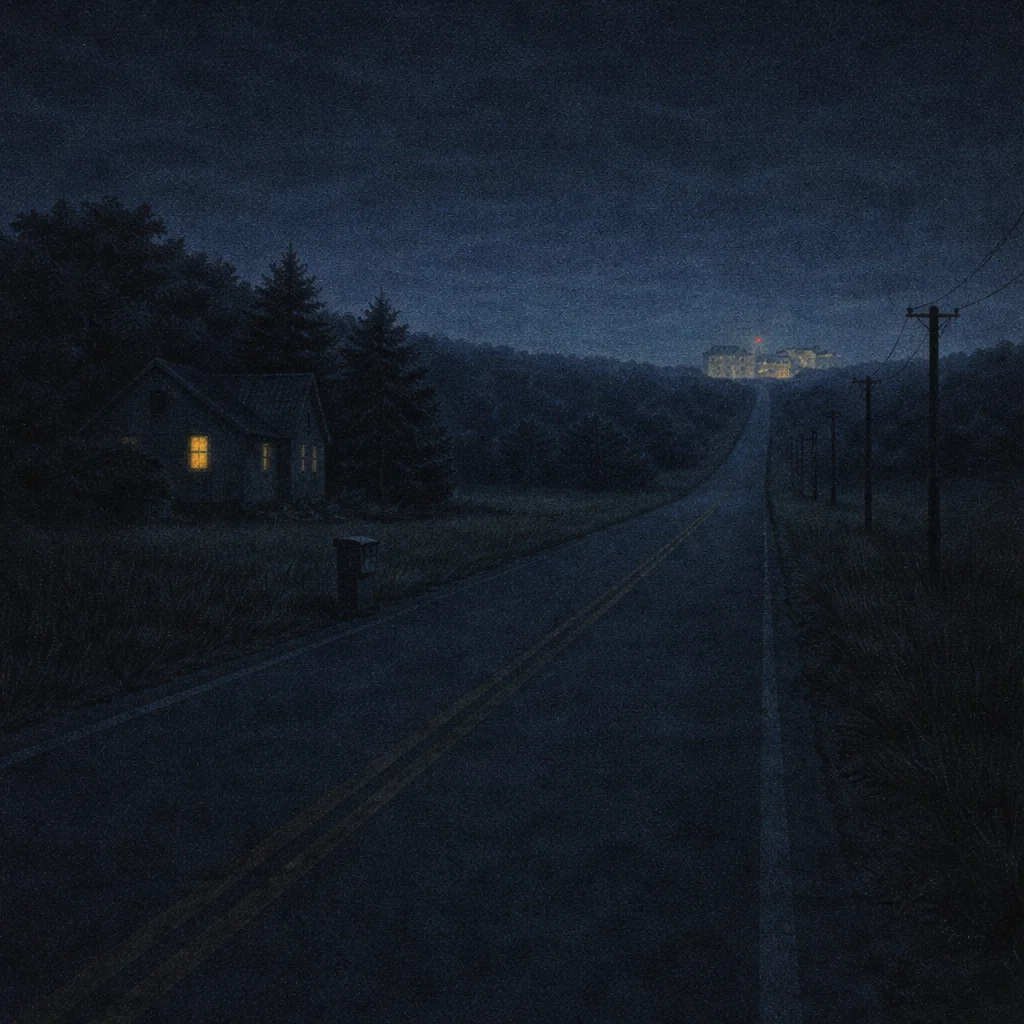 A dark two-lane rural highway at night, a small house with one lit window on the left, and a faint hospital glow far in the distance on the horizon.