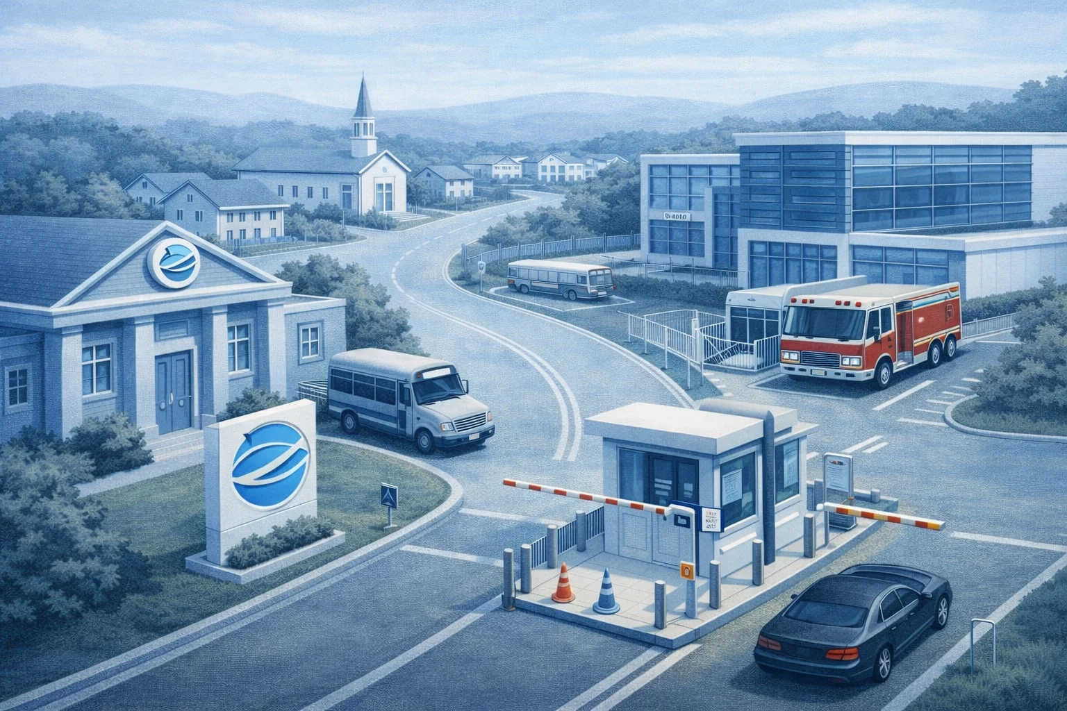A cold blue corporate landscape: a tollbooth, a glass office building, branded buses, and a sterile institutional building replacing the warm town.