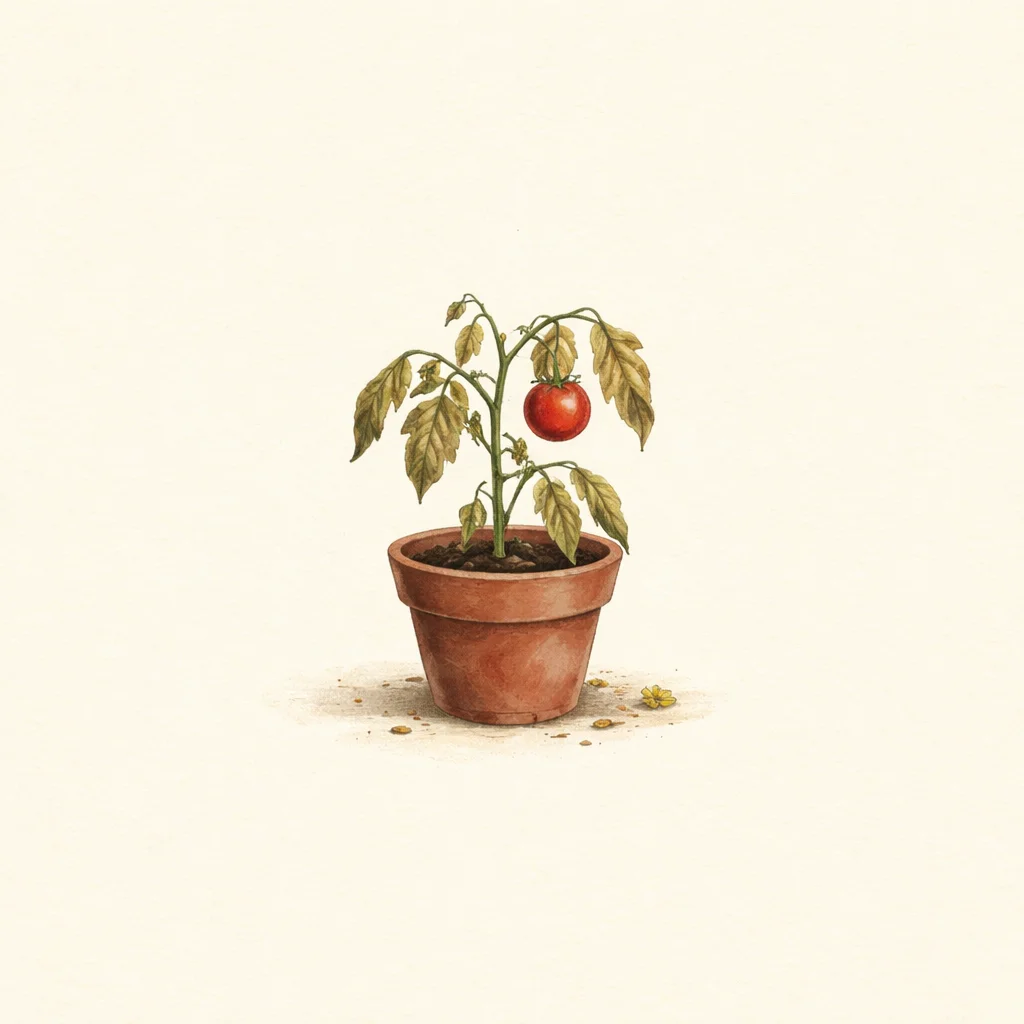A single tomato plant in a terra cotta pot on a warm cream background, small but alive.