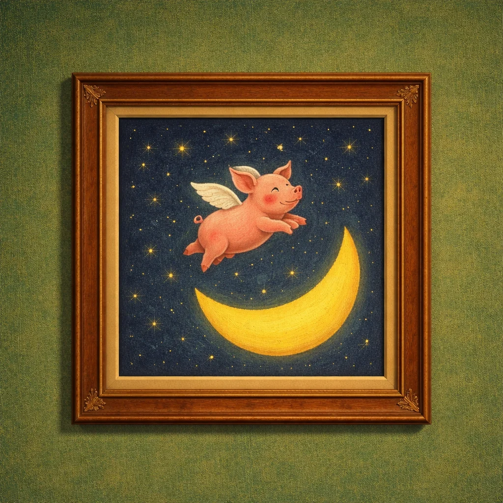 A framed painting on a green wall: a winged pig flying over a golden crescent moon against a starry night sky.