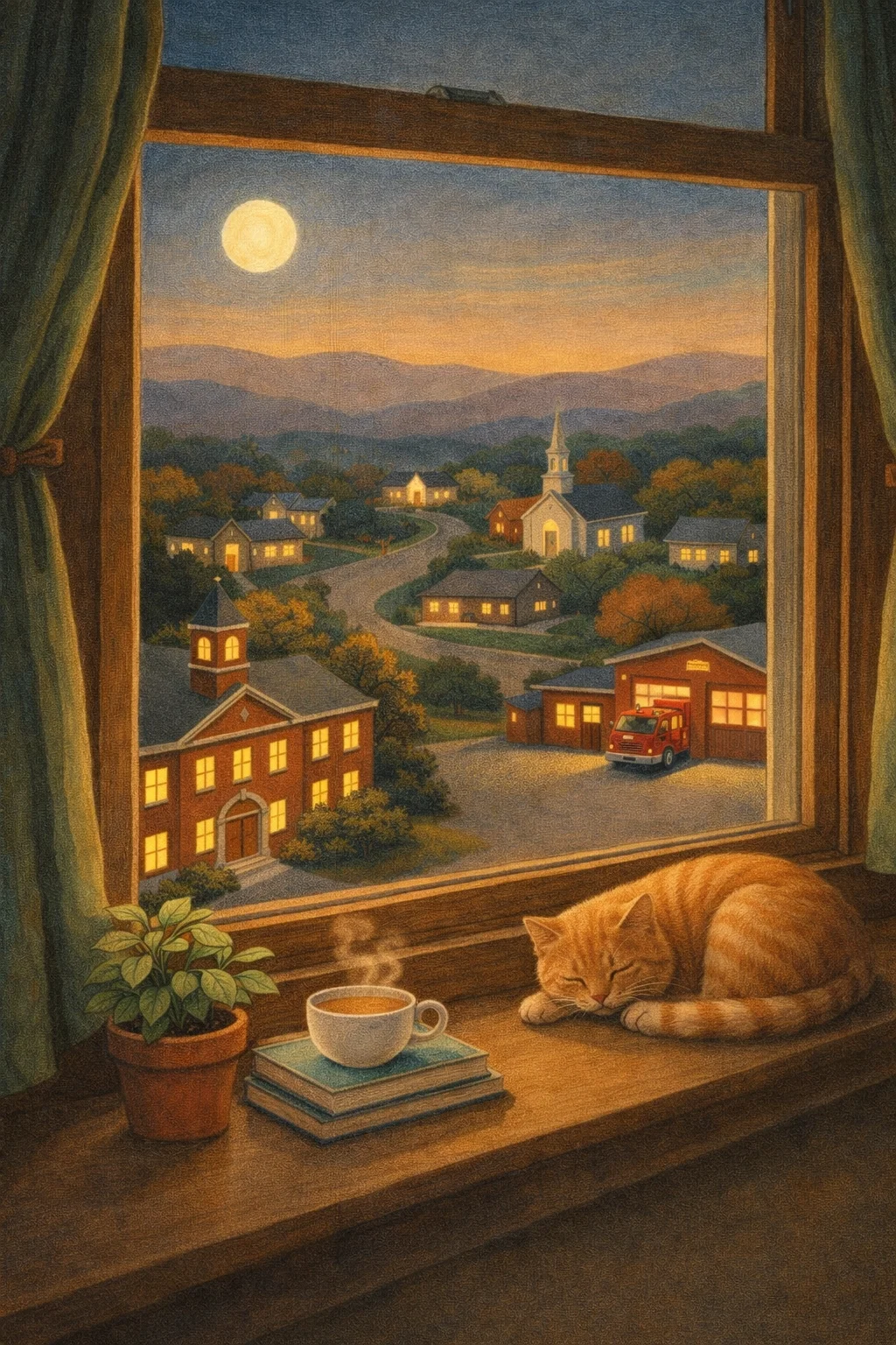 Goodnight, Government cover: a windowsill view of a North Carolina town at dusk with a sleeping cat