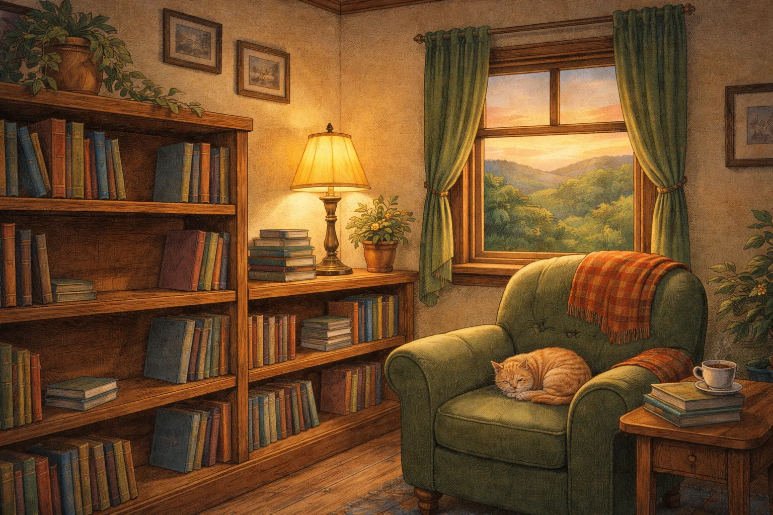 A warm, cozy library room with wooden bookshelves, a green armchair with a sleeping orange cat, a glowing lamp, and North Carolina hills visible through the window.