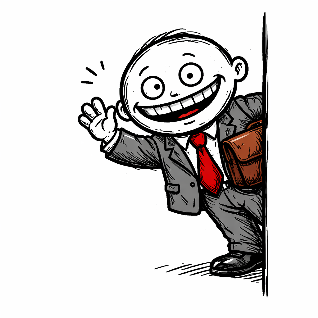 The lobbyist peeking around a doorframe, waving with a big grin, briefcase tucked under his arm.