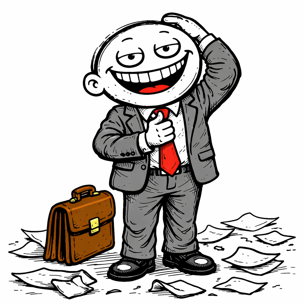 The lobbyist standing perfectly composed again, grin snapped back into place, straightening his tie. Papers are still scattered on the ground around him.