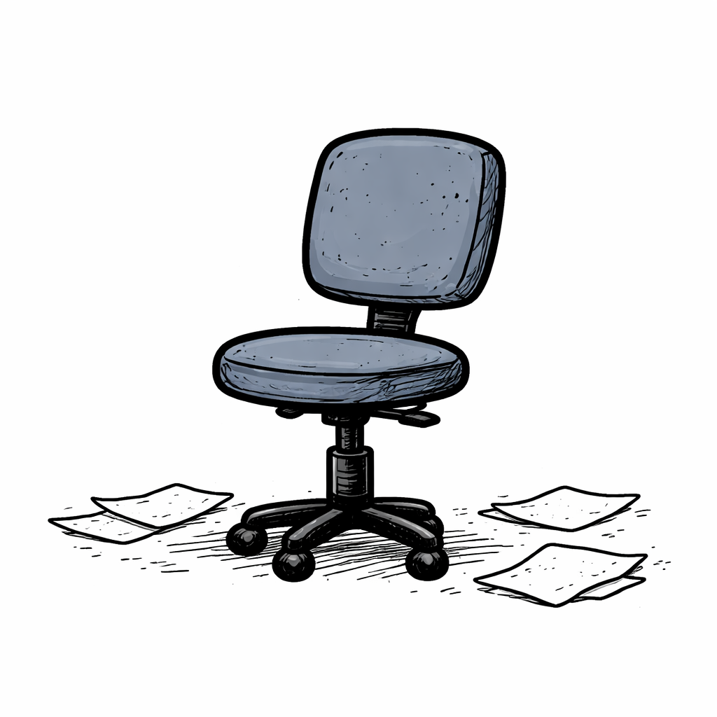 An empty office chair with scattered papers on the floor around it. No character.