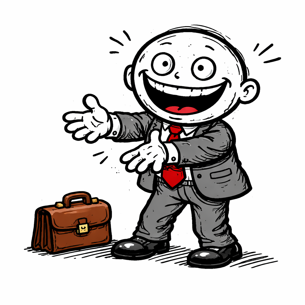 The lobbyist gesturing enthusiastically with both hands, grinning, briefcase at his feet.