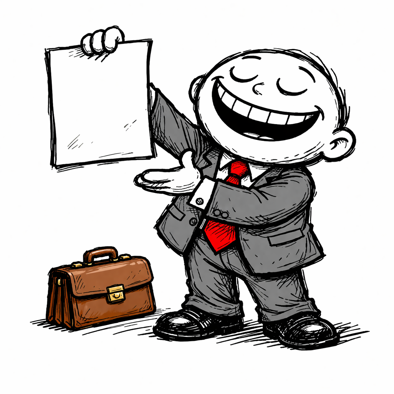 The lobbyist proudly presenting a document with a grand gesture, grinning.