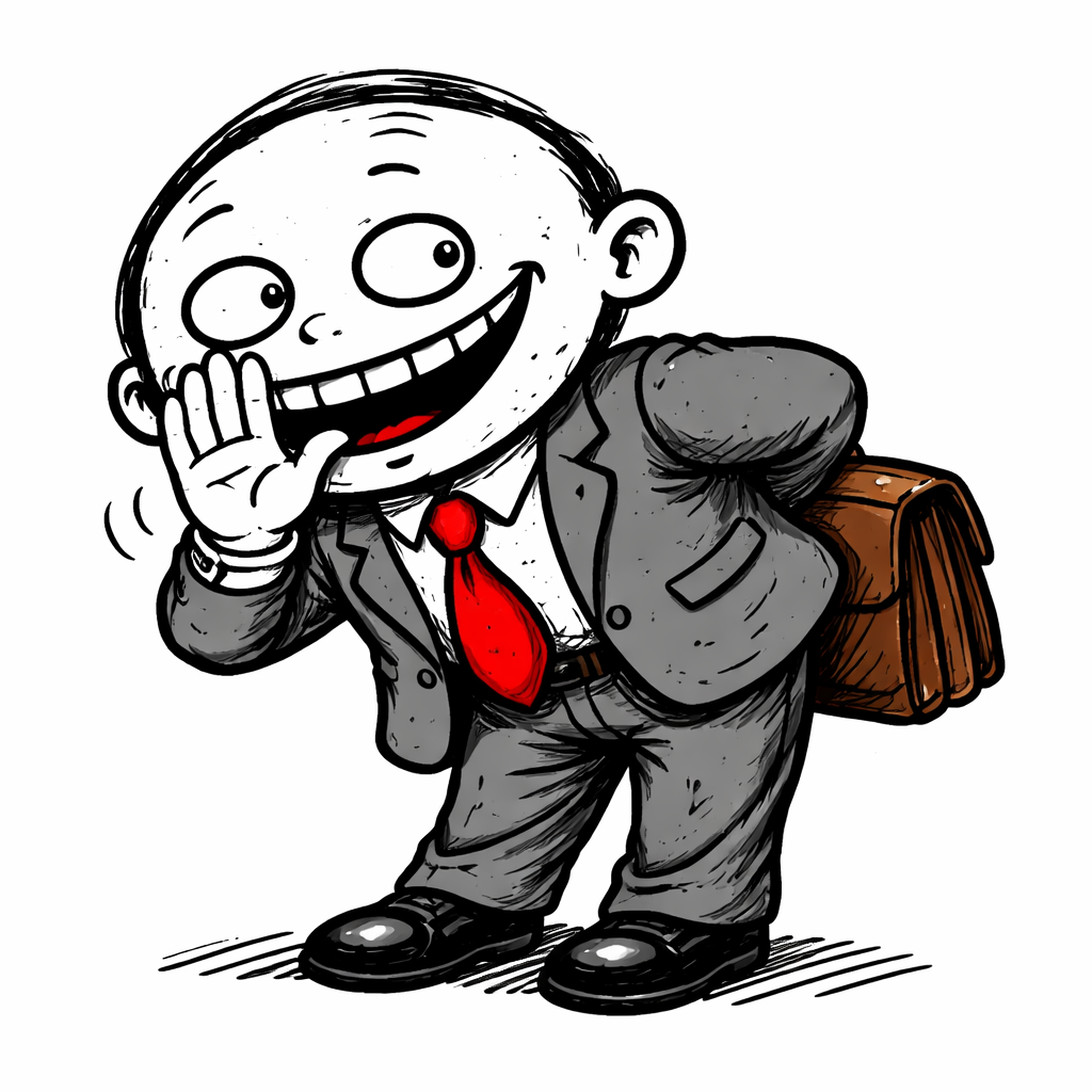 The lobbyist shrugging with a 'what can you do' expression, grinning, briefcase in hand.