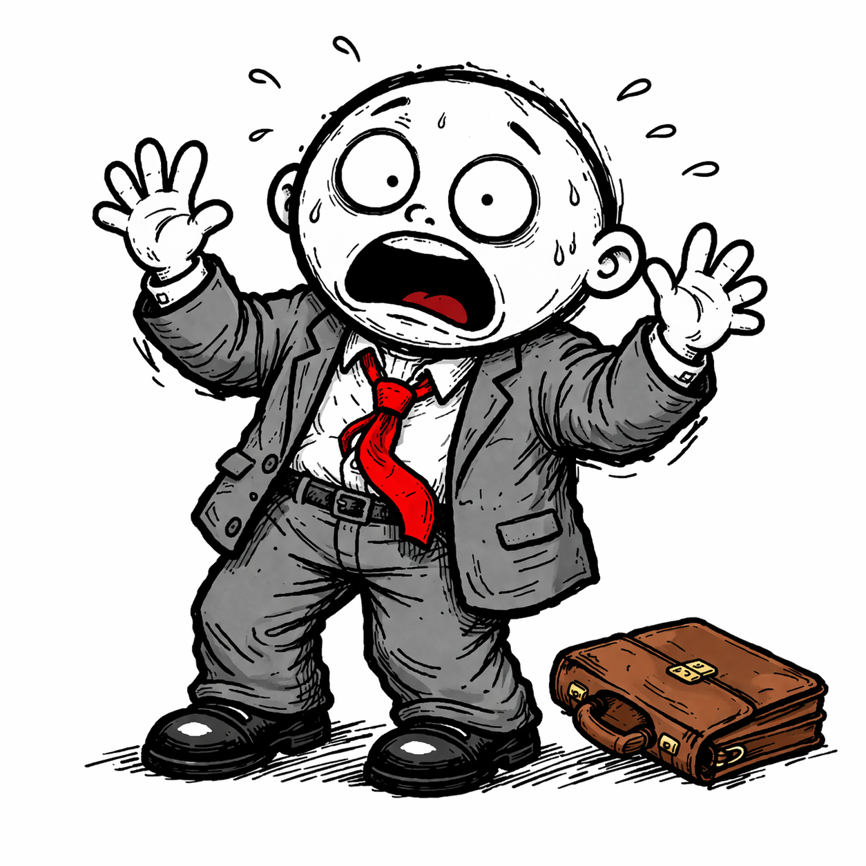 The lobbyist in full panic: eyes wide, mouth open, sweat drops flying, hands up, briefcase dropped on the ground.