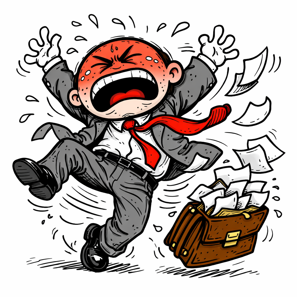 The lobbyist in full meltdown: face red, mouth screaming, arms flailing, tie flying, papers exploding from his briefcase.