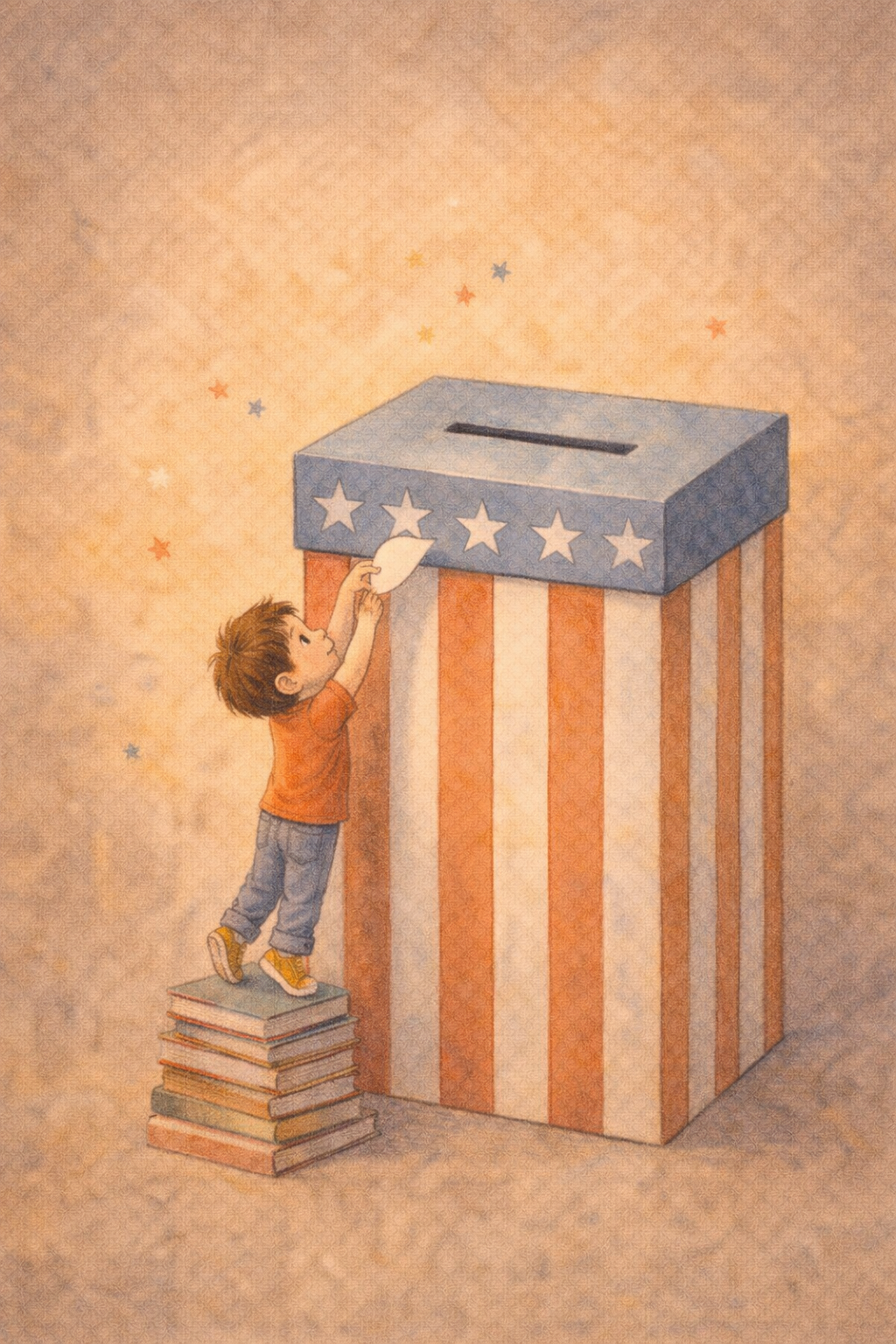 Your Vote Fucking Matters cover: a child standing on books reaching up to drop a ballot into a red, white, and blue ballot box