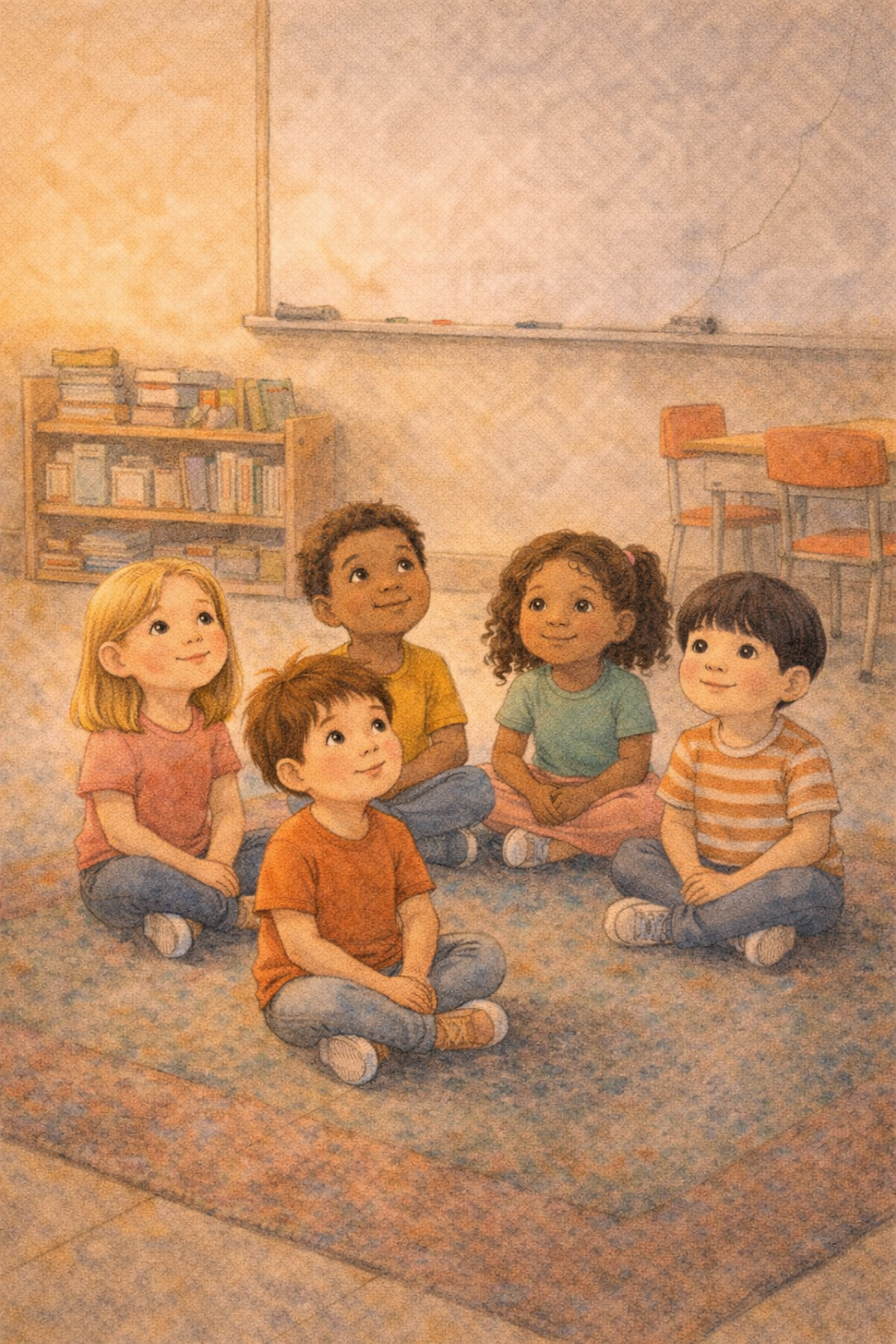 Five diverse children sitting cross-legged on a classroom rug, looking up hopefully. A bookshelf and whiteboard behind them.