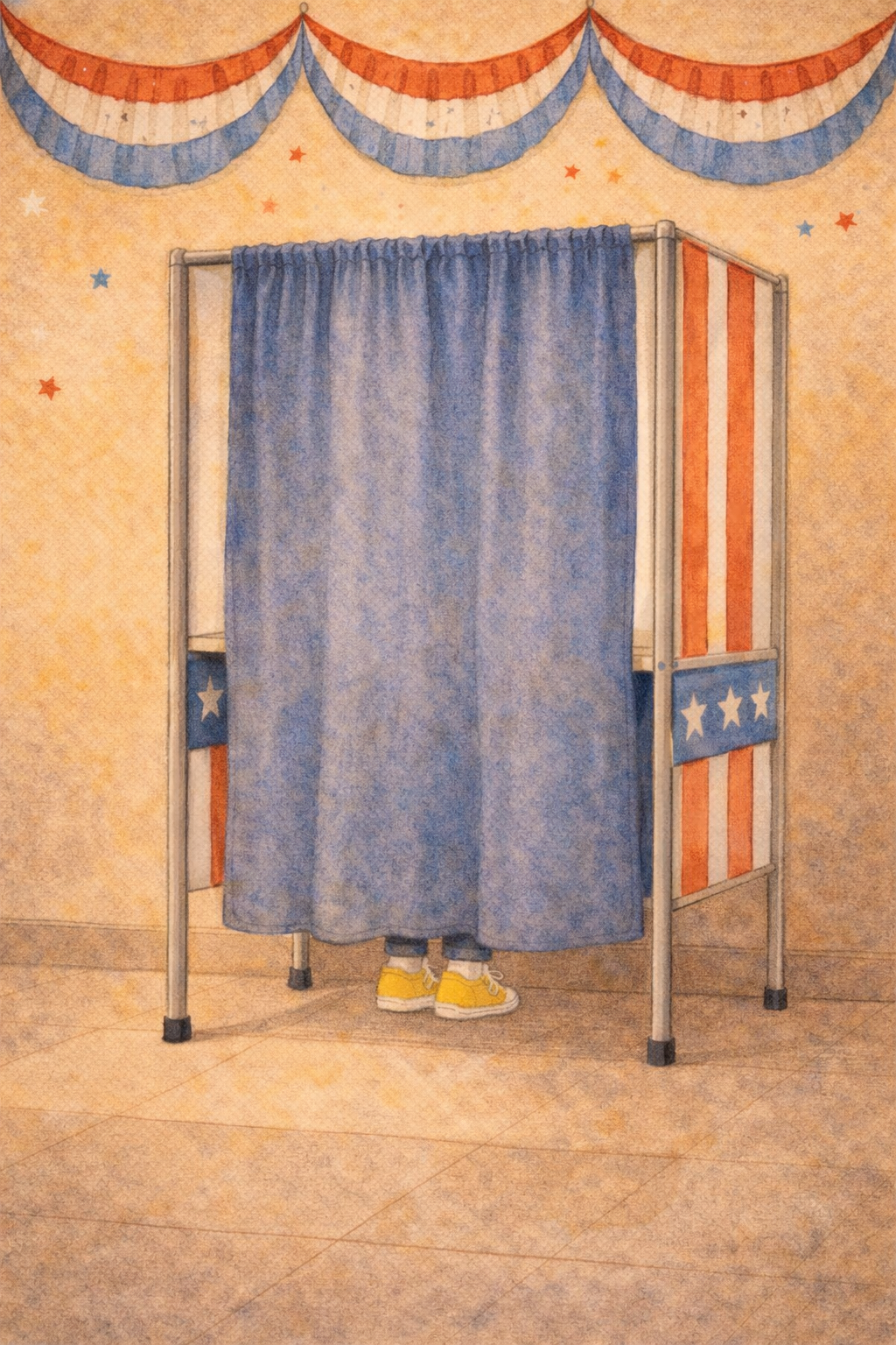 A voting booth with red, white, and blue curtains and bunting. Small yellow sneakers peek out from beneath the curtain.