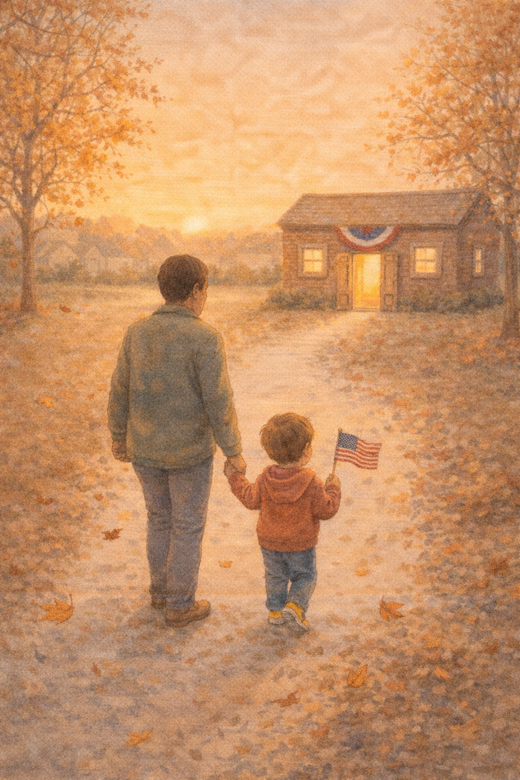 A parent and child walking hand-in-hand down a leaf-covered path toward a warmly lit polling place at sunset. The child carries a small American flag.