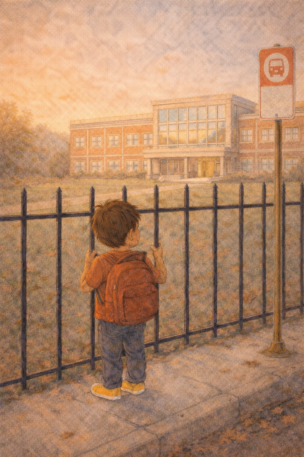 A small child with a backpack standing at an iron fence, looking through the bars at a large, well-funded school building across a green lawn.