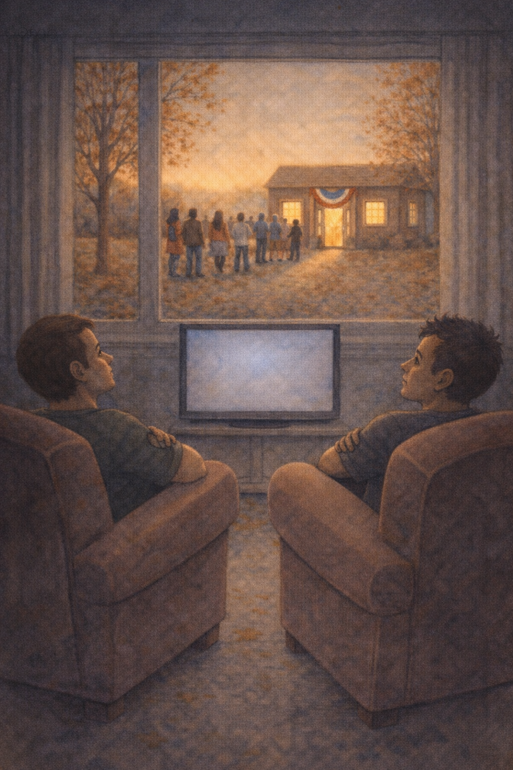 Two men sitting in armchairs watching TV, seen from behind. Through a large window, neighbors line up outside a polling place in the autumn sunset.