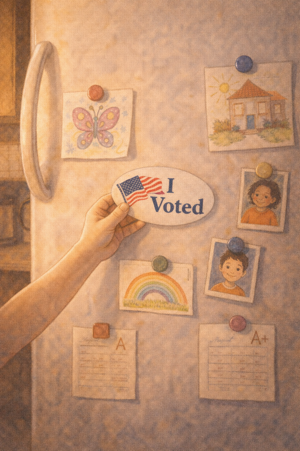 A hand placing an 'I Voted' sticker on a refrigerator covered with children's drawings, school photos, and report cards held up by colorful magnets.