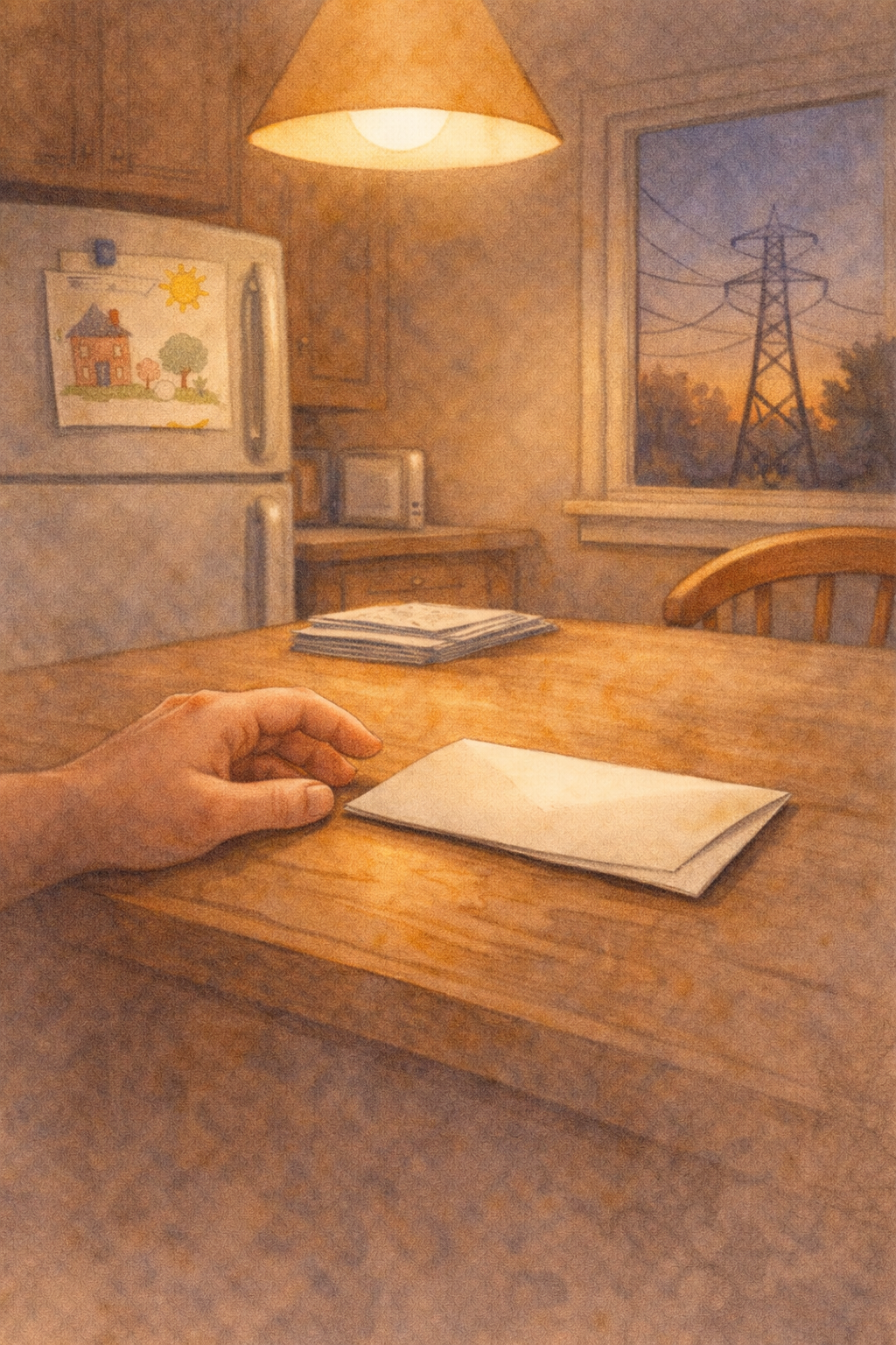 A hand resting on a kitchen table next to a stack of bills. Through the window, power line towers loom against the evening sky. A child's drawing hangs on the fridge.