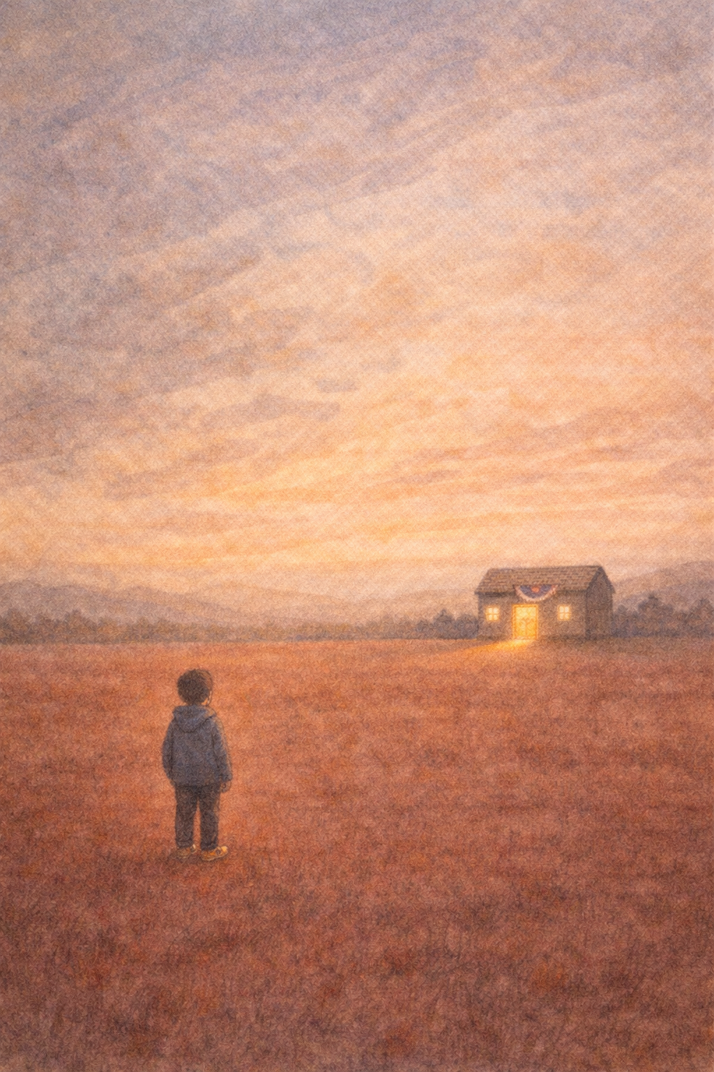 A child standing alone in a vast red field at dusk, looking toward a distant, warmly lit polling place on the horizon.