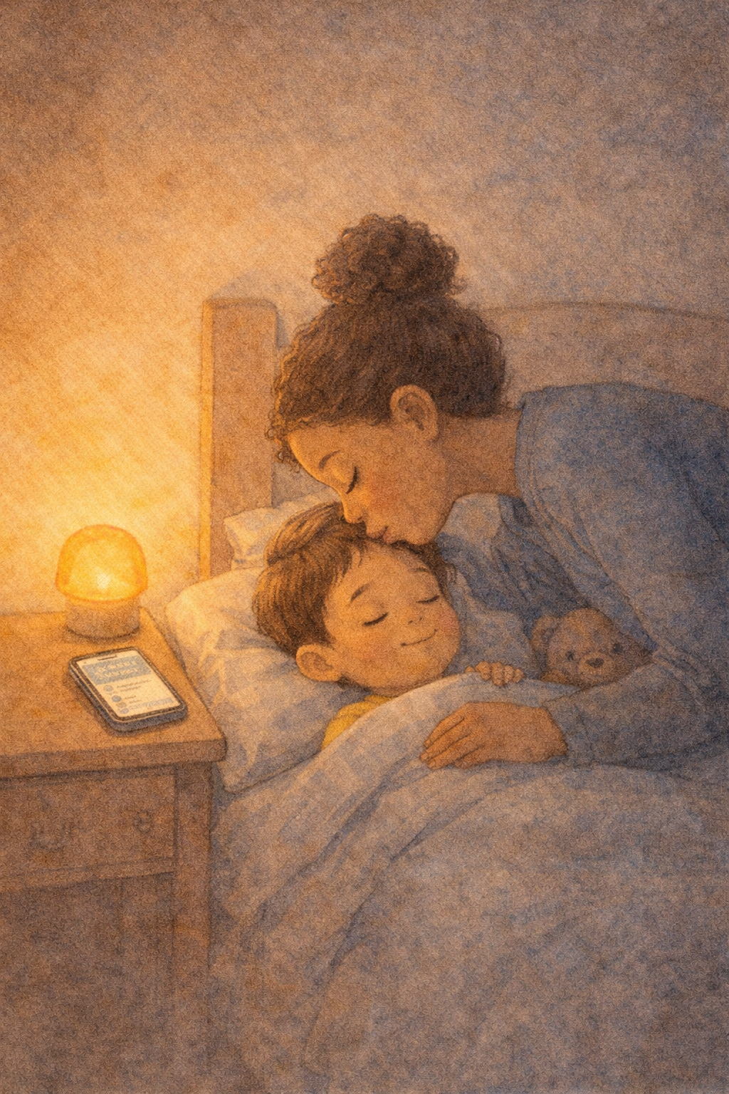 A mother kissing her sleeping child goodnight. A warm nightlight glows beside the bed, and a phone on the nightstand shows a ballot lookup screen.