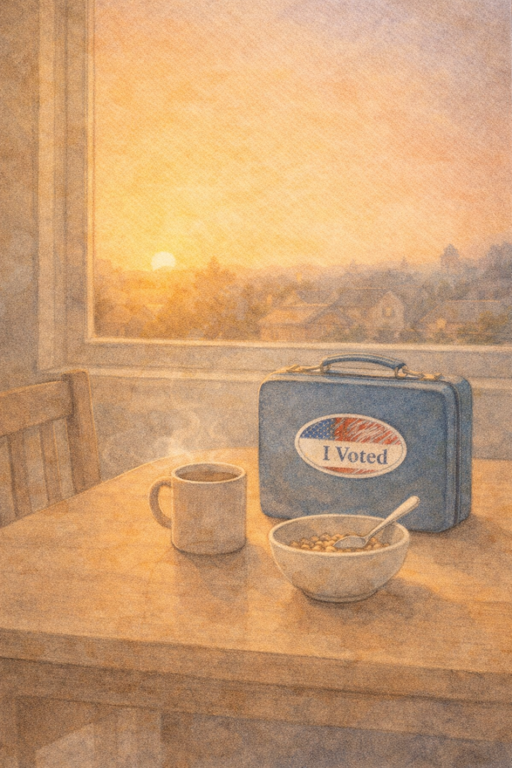 A kitchen table at sunrise: a steaming mug of coffee, a bowl of cereal, and a child's blue lunchbox with an 'I Voted' sticker on it. A golden sunrise glows through the window.