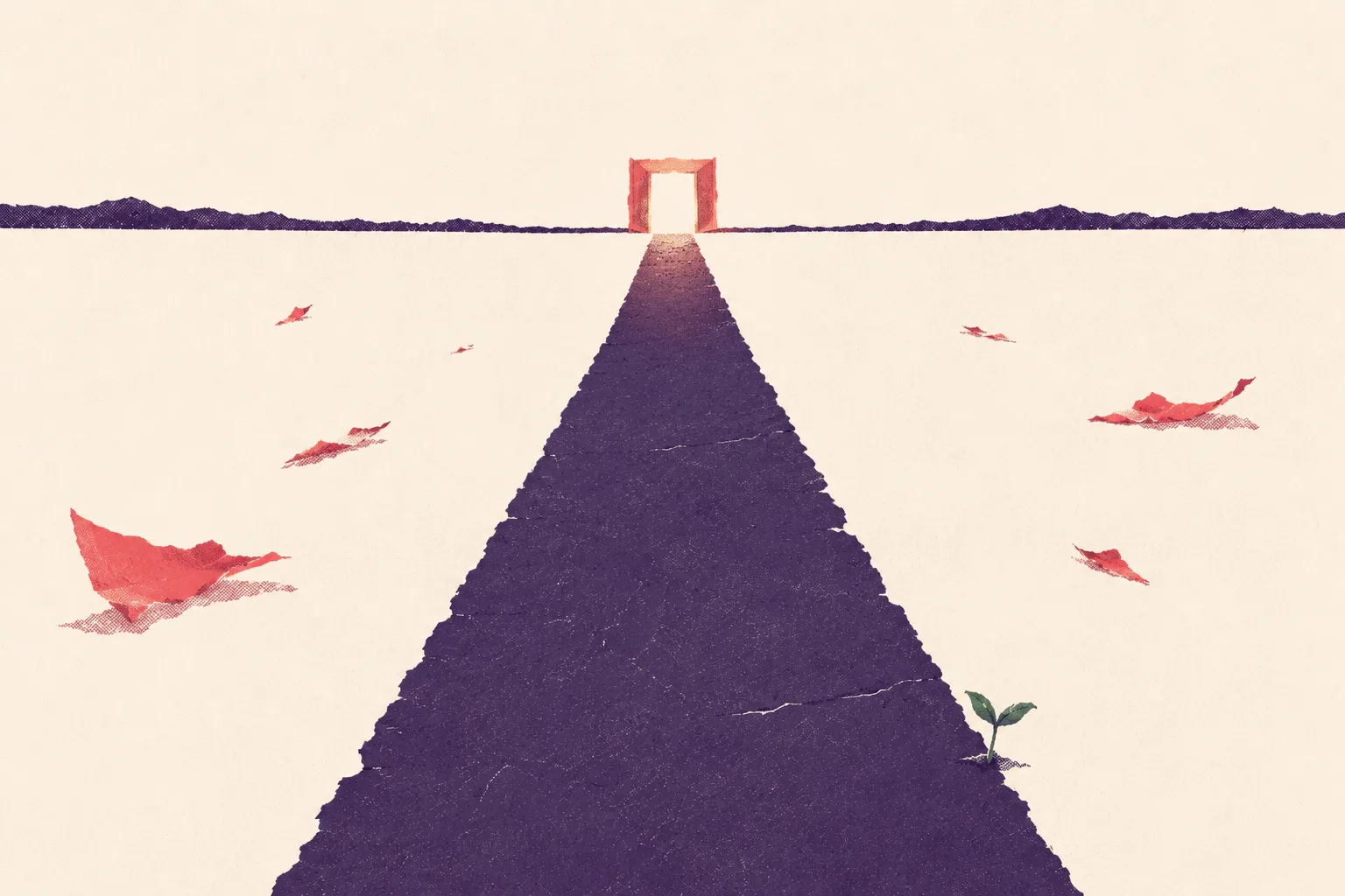 The same road, now clear and open, leading to a glowing doorway on the horizon, the red obstacles torn away to the sides and a green sprout growing from a crack in the pavement.