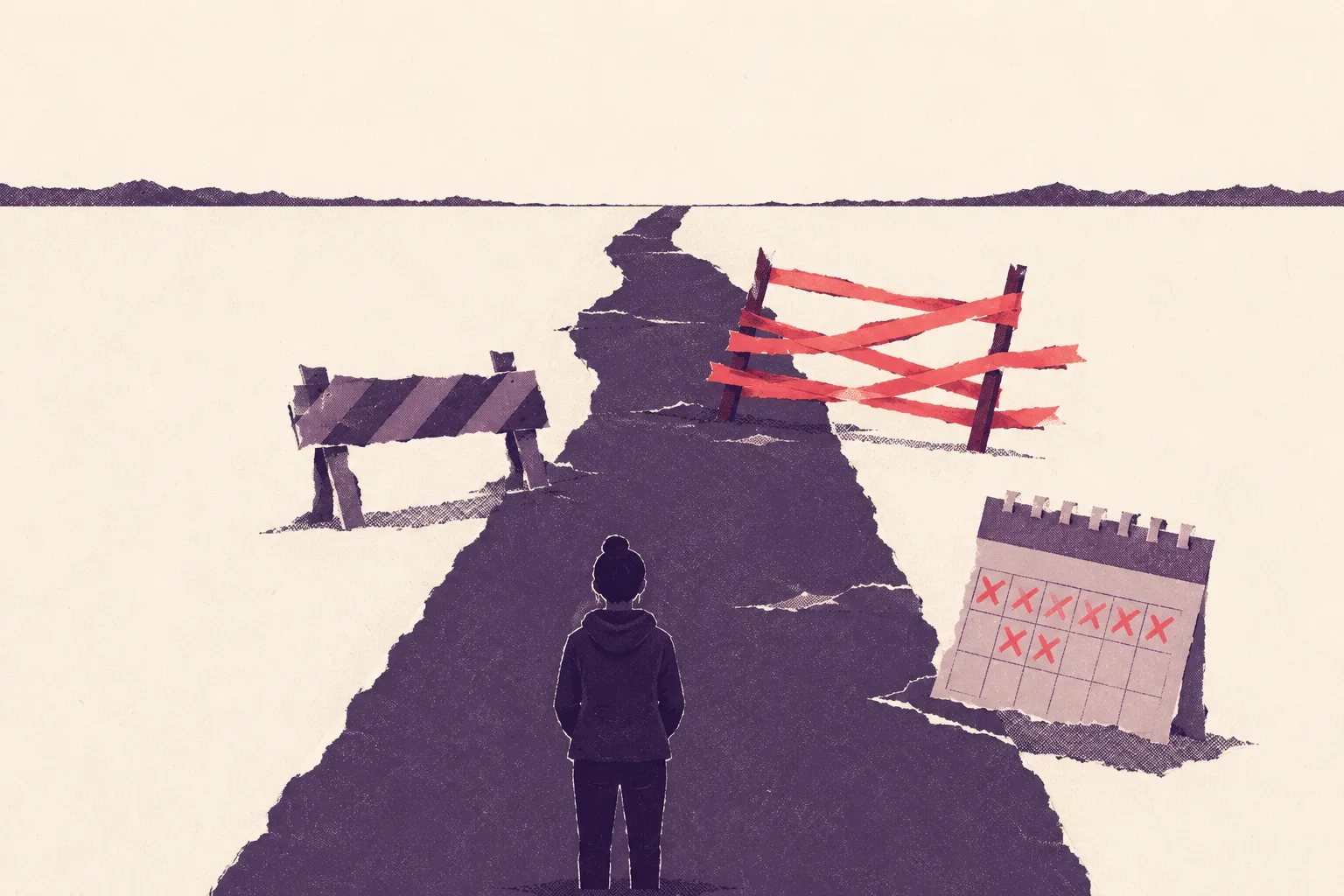A lone voter standing before a cracked road blocked by a construction barrier, a red-taped gate, and a calendar of crossed-out days.